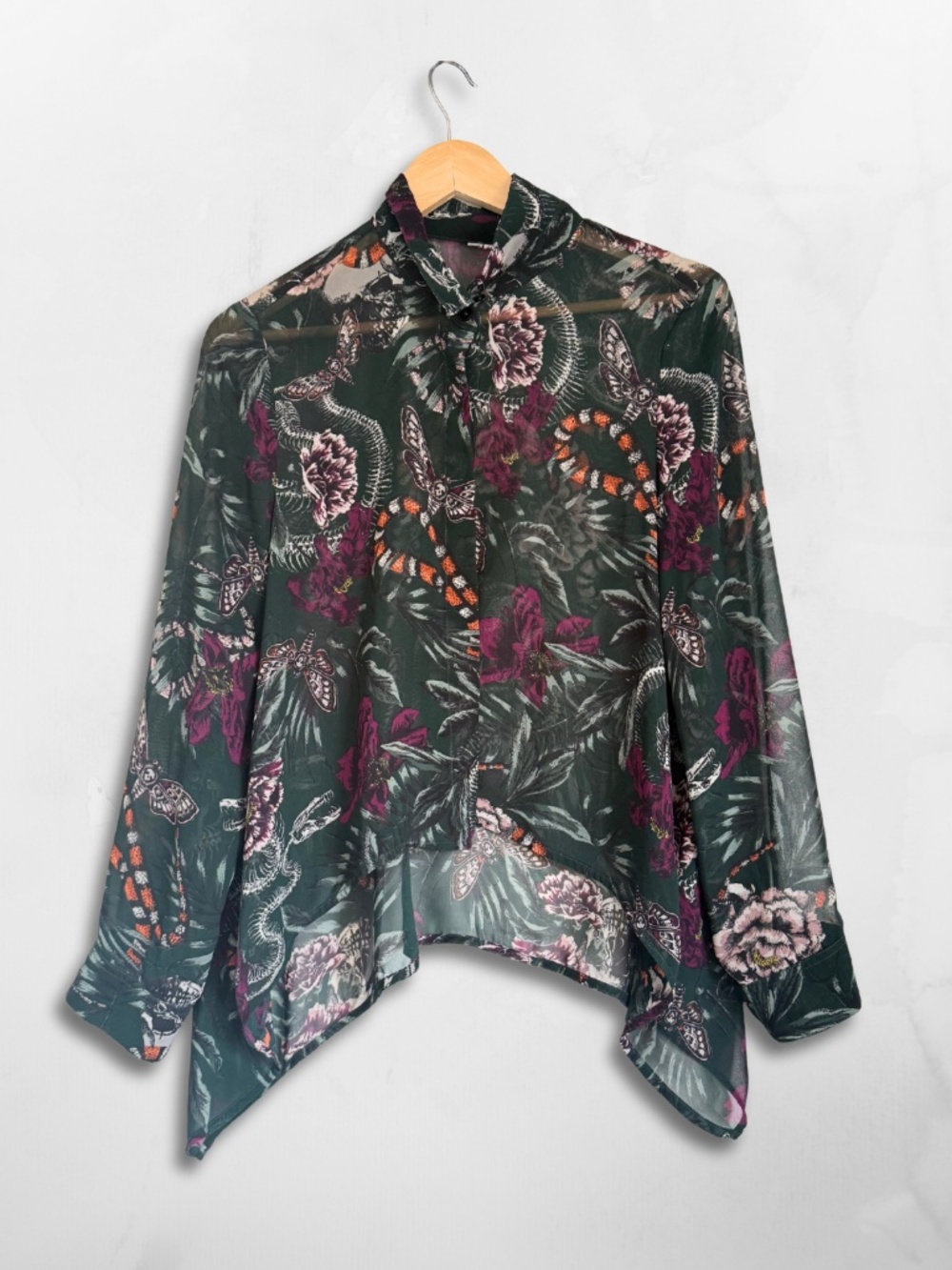 Sheer Blouse with Serpent & Botanical Print, Dark Whimsigoth, Size S